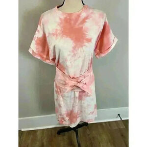 Rebecca Minkoff Tie Dye Pink T-Shirt Beach Dress With Belt Bow Rolled Sleeves XS